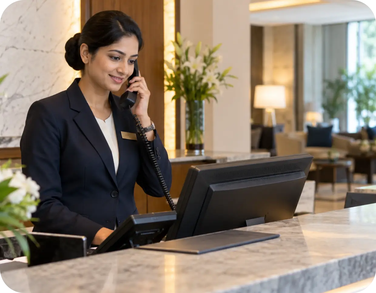 Hotel front desk receptionist managing calls and tickets