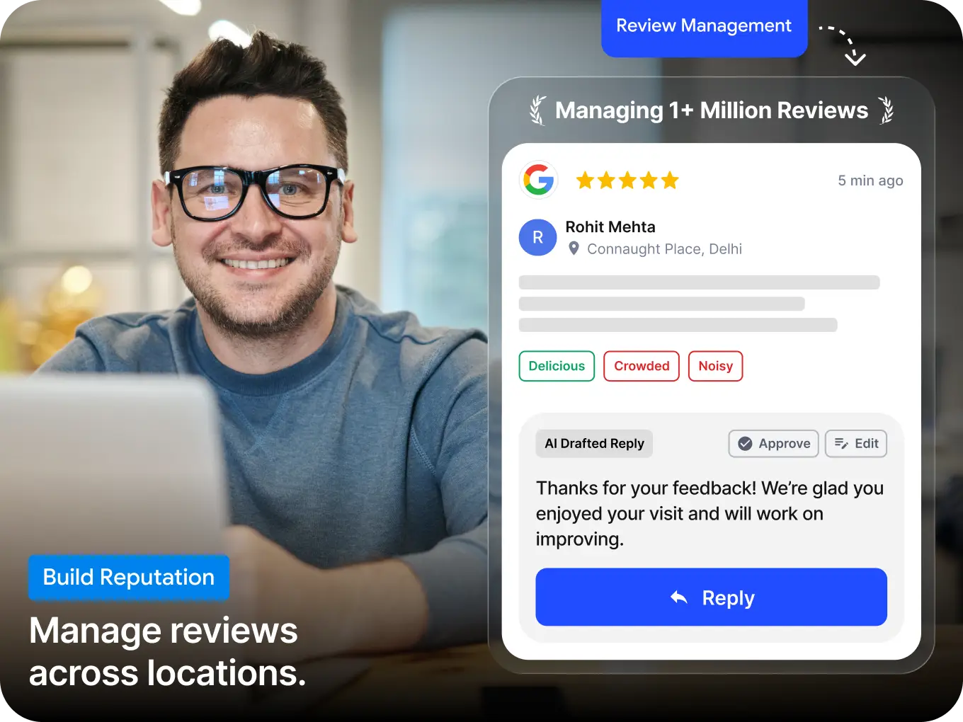AI platform dashboard for multi-location business growth showing reputation, messaging, and marketing tools