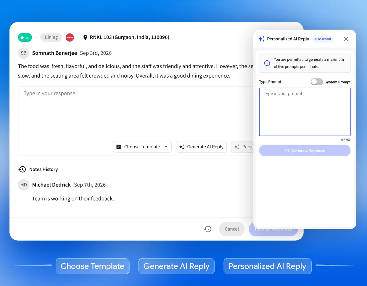 AI-powered review response drafts in Rannkly